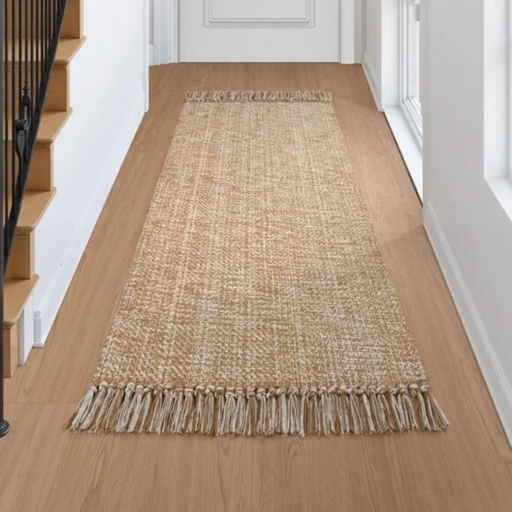 New 2x4.3in Hand-Woven Kitchen Runner Rug, Reversible Washable Tan Cotton Mat